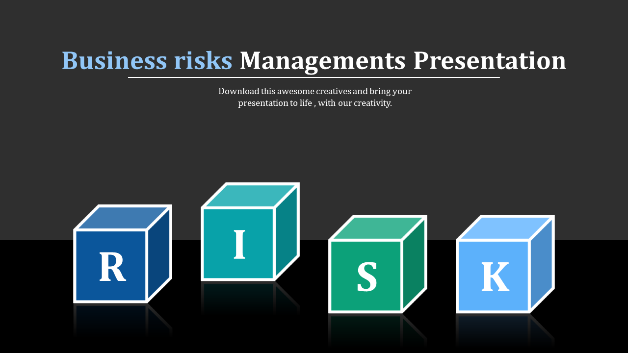 Business risks management slide with four 3D cubes, each featuring a letter from risk on a dark background.