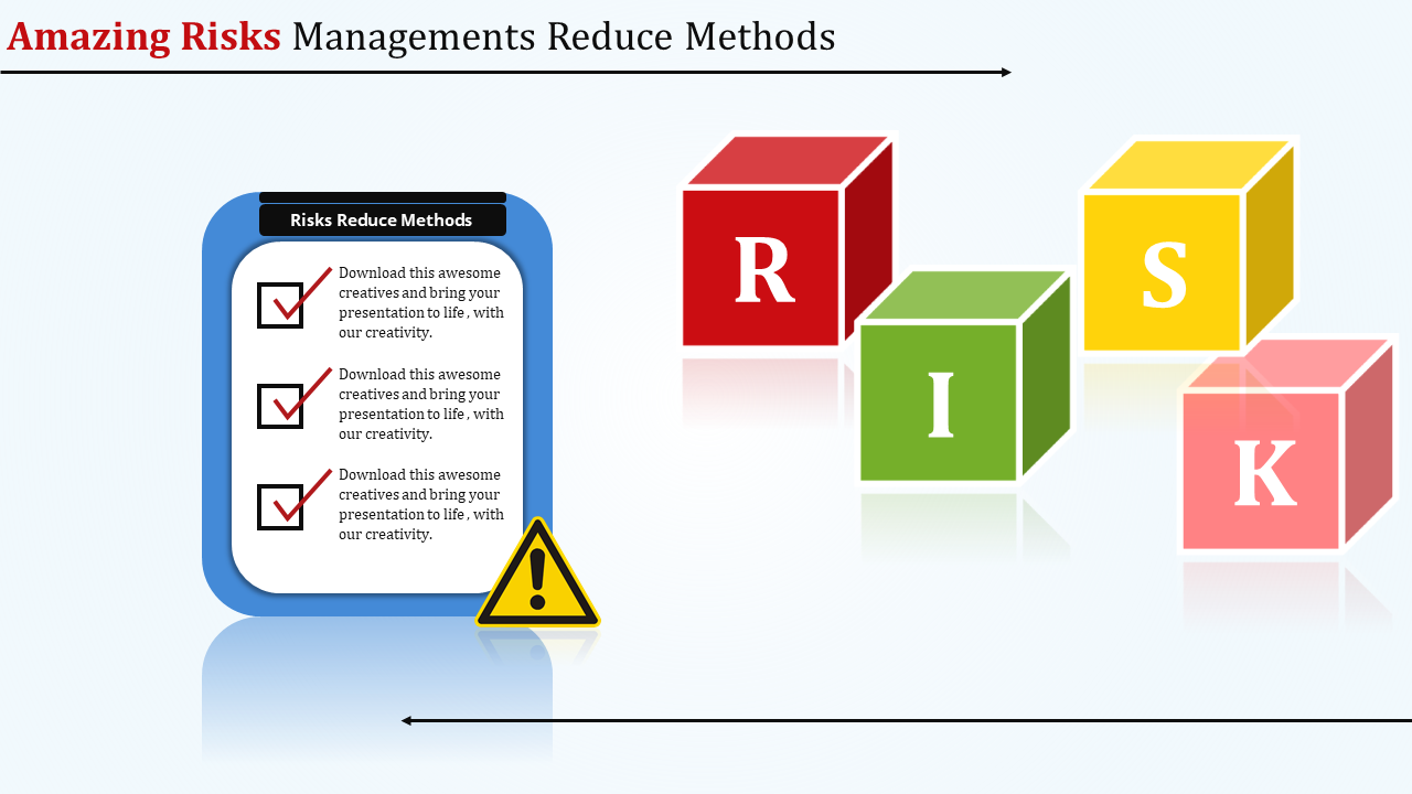 A checklist  featuring with red checkmarks and a yellow warning icon, paired with colorful blocks for risk management.