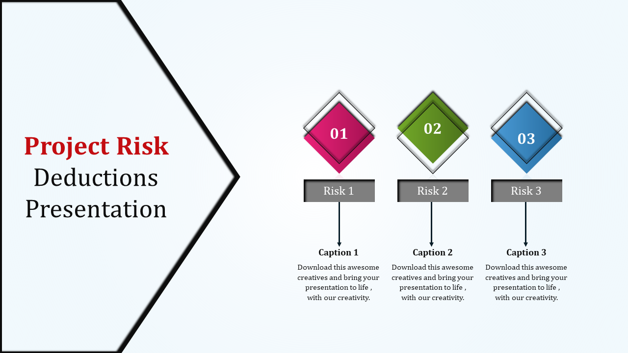 Project risk management PowerPoint slide with three risks and corresponding captions and colorful diamonds.