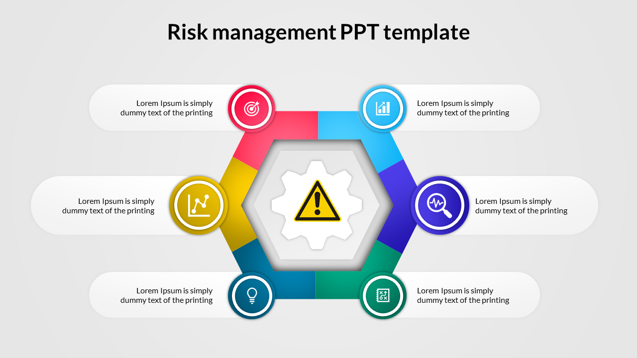 Risk management slide with a hexagonal layout, a central warning symbol, and six surrounding sections for text and icons.