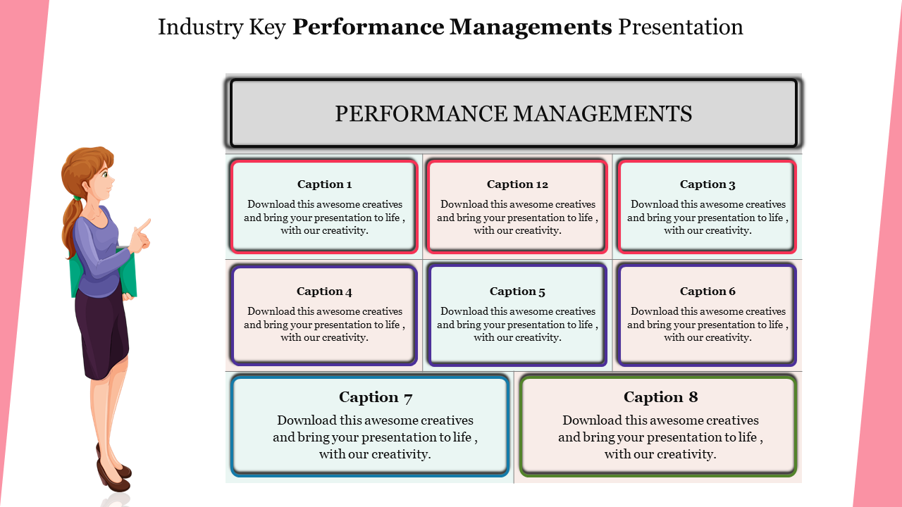 Woman pointing a table with eight colored boxes representing performance management, with pink bordered layout.