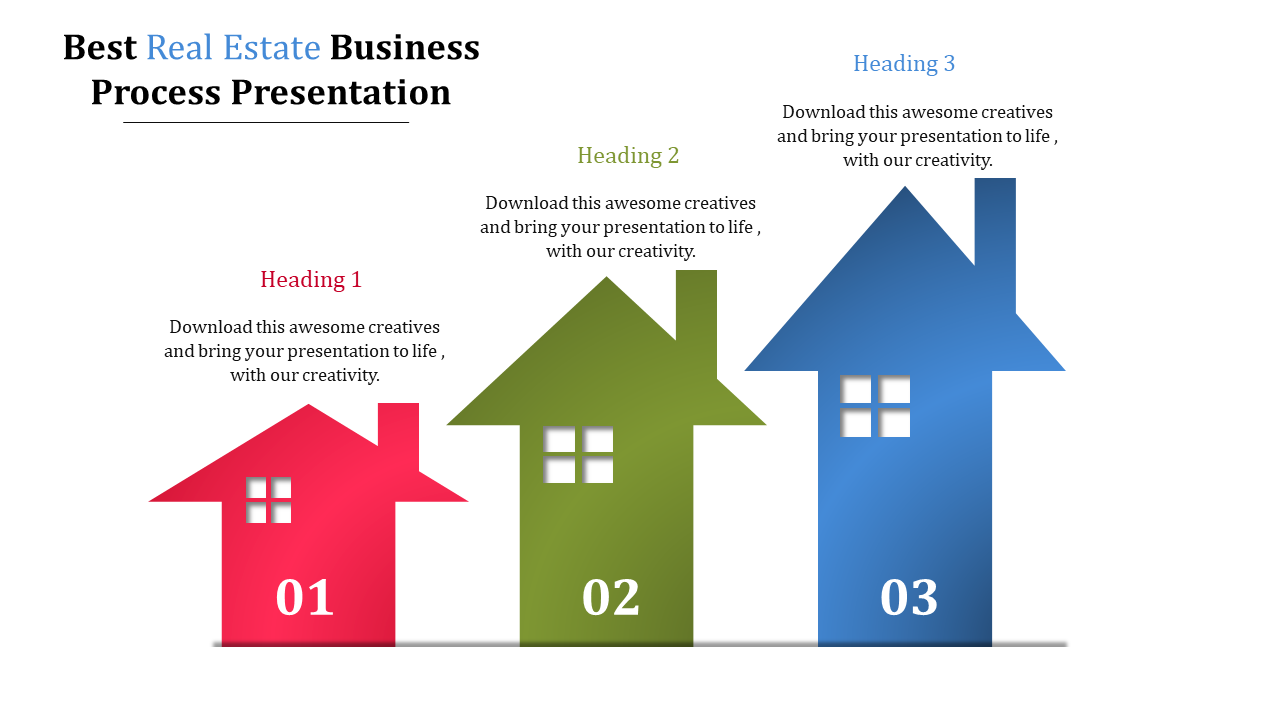 Real estate slide with three house icons in red, green, and blue, numbered 01 to 03, each with a heading and description.