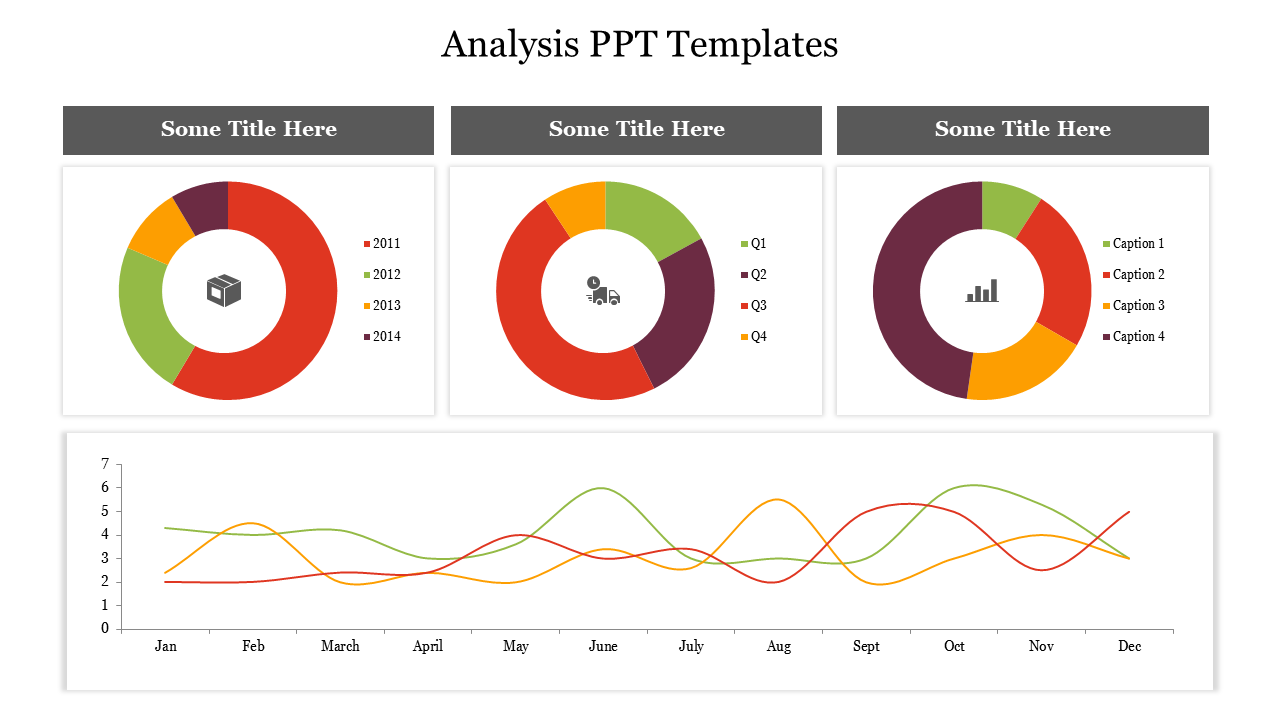  slide featuring three circular charts for data analysis, followed by a line chart displaying monthly trends.