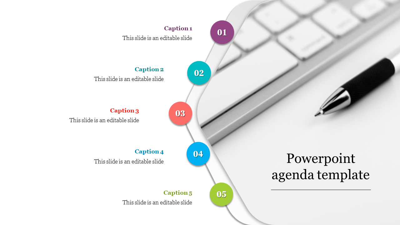 Agenda layout with numbered colorful circles from 01 to 05 on a curved path beside a keyboard and pen image.