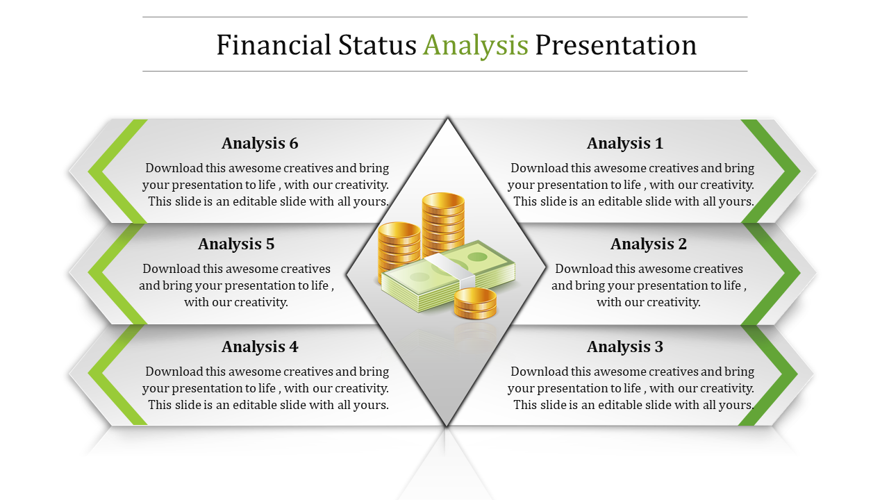 Financial analysis slide with six green arrows pointing to a central diamond featuring a cash and coins graphic.