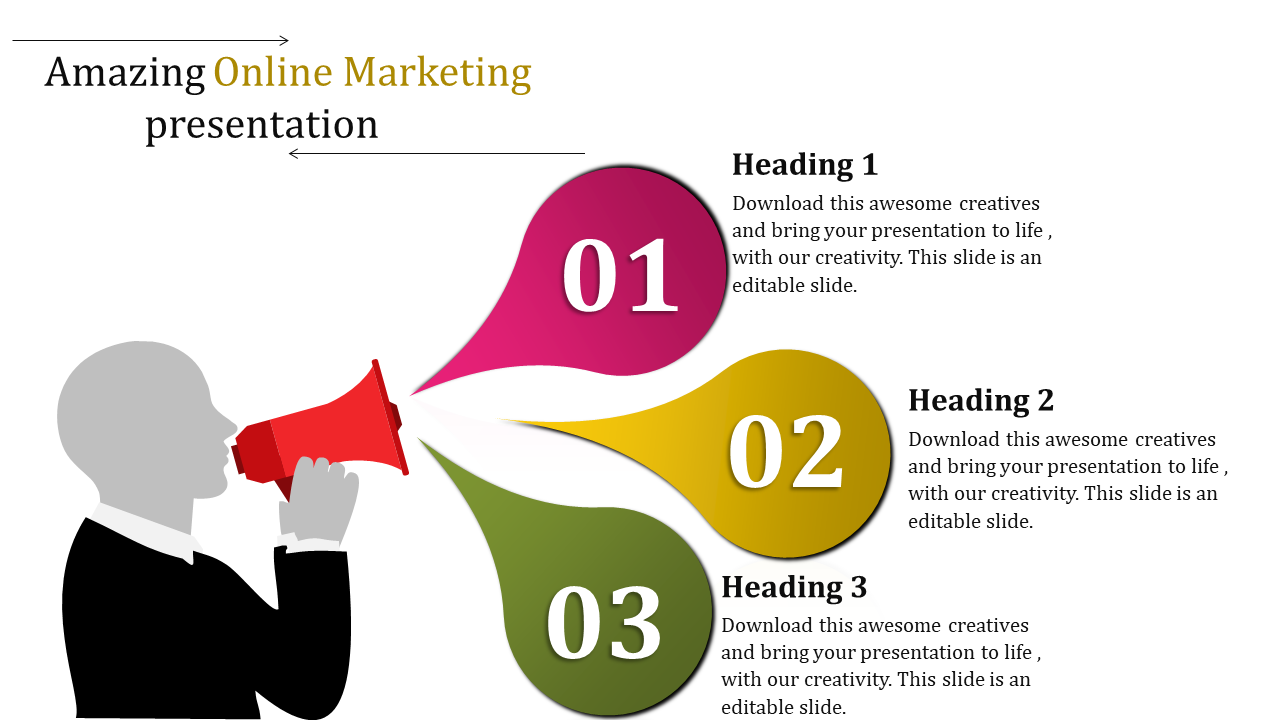 Online marketing presentation slide with headings and a person using a megaphone with placeholder text.