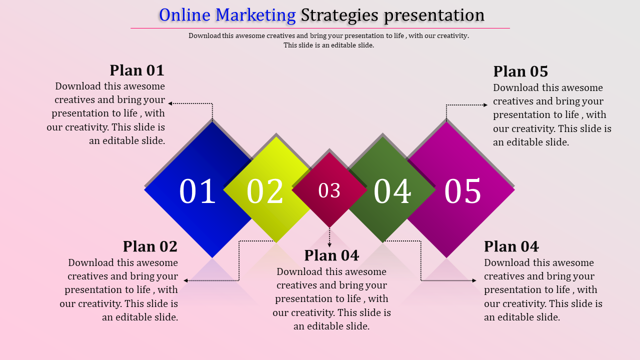 Horizontal diagram with five colorful diamond steps labeled 01 to 05, titled online marketing strategies.