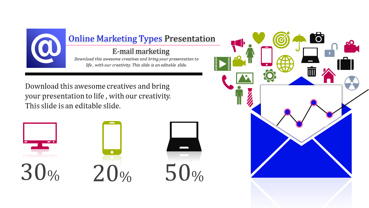 Email marketing infographic with a blue envelope containing a growth graph, surrounded by colorful icons, and three device.