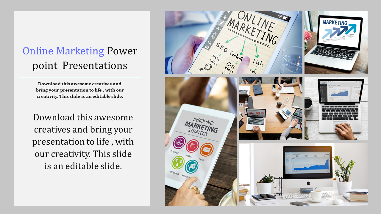 Online marketing slide with text on the left and a collage of images showcasing strategy, devices, and charts on the right.