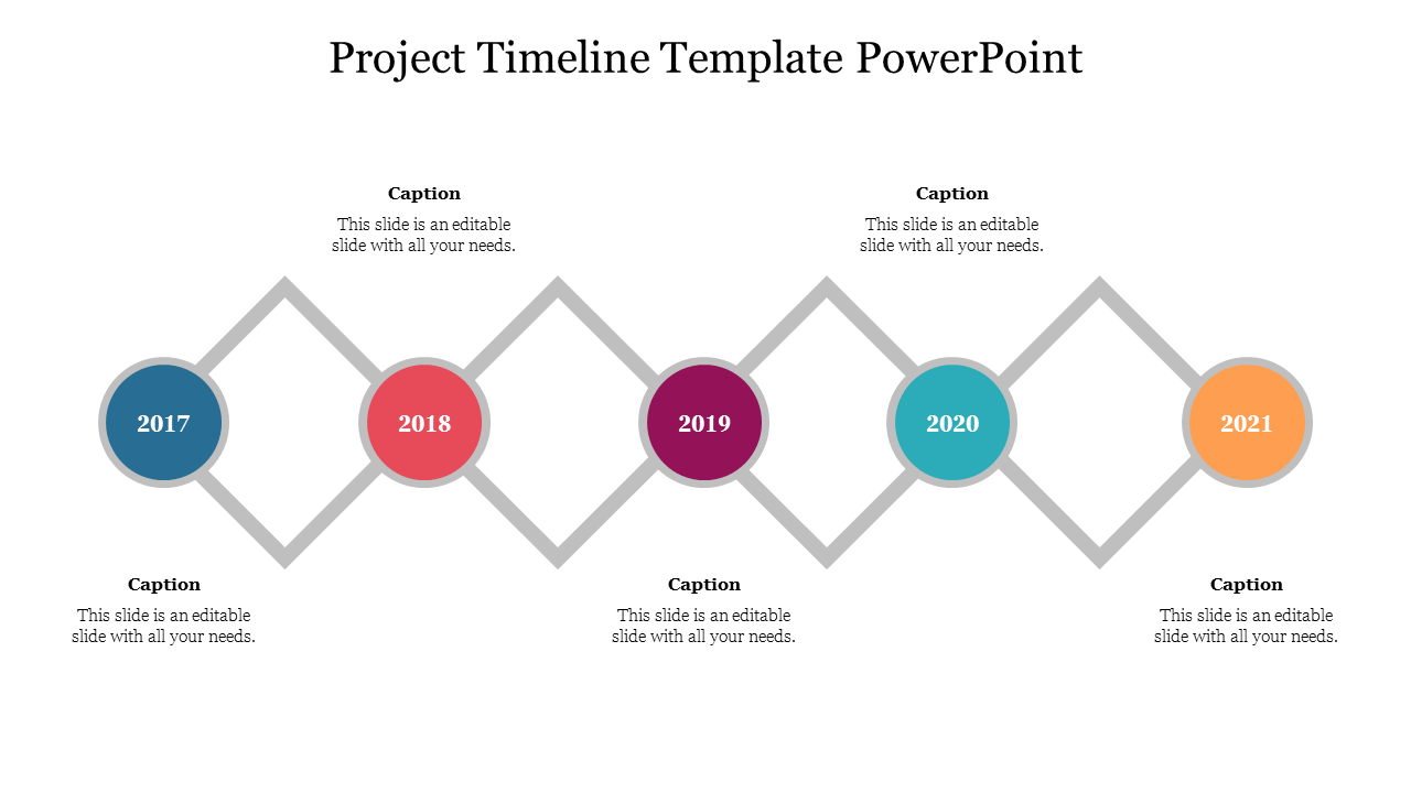 Project timeline PowerPoint template with colorful circles for each year from 2017 to 2021, with captions.