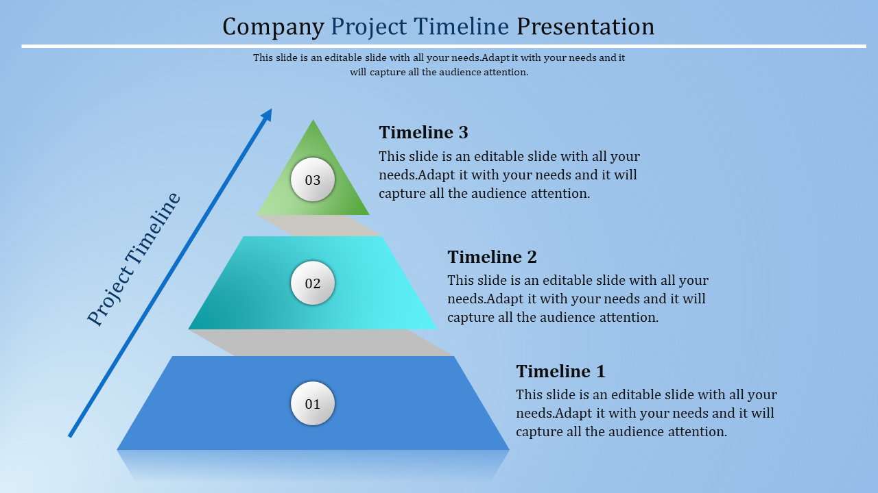 Three layered pyramid in green, cyan, and blue representing project timeline stage labeled 1, 2, and 3, with an upward arrow.