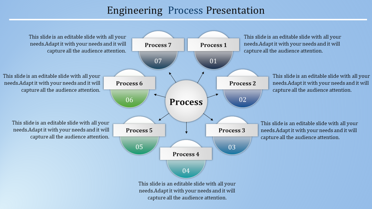 Engineering process presentation template with seven numbered steps and arrows pointing to a central process circle.