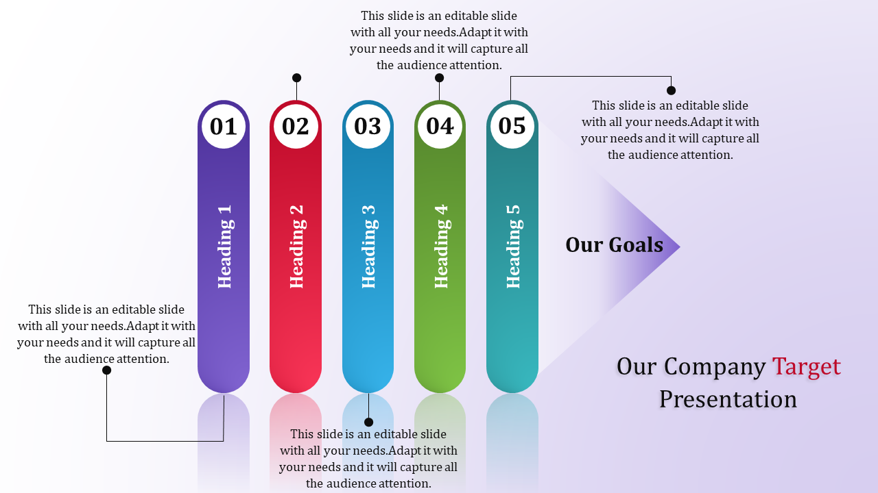 Company target slide with five numbered colourful vertical bars, each labeled Heading 1 to Heading 5.