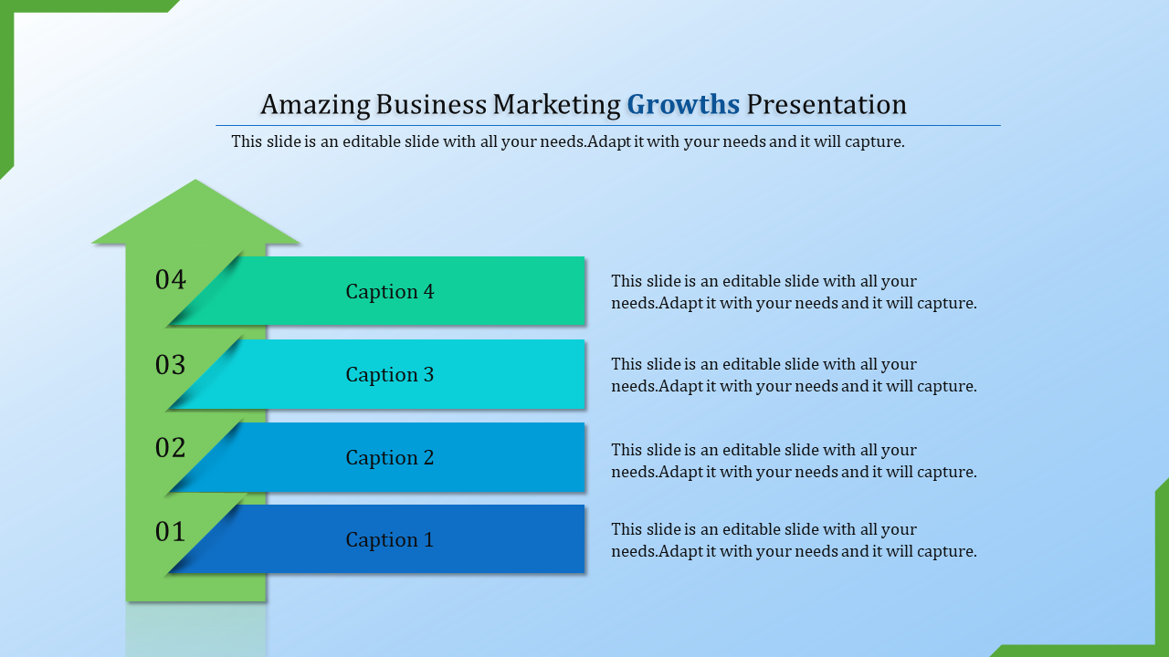 Step-by-step business growth diagram showing a green upward arrow with four sequential caption bars.