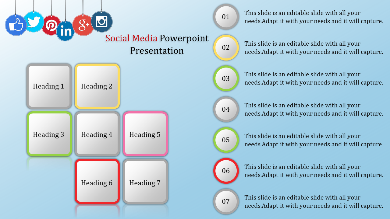 Social media themed layout with circular icons, a grid of labeled squares, and colorful numbered sections, on teal backdrop.