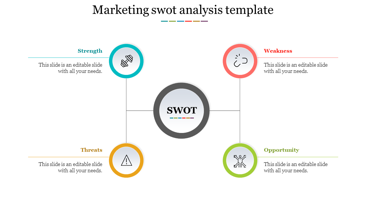 SWOT analysis template with a circular layout in blue, red, green, and yellow, featuring colorful icons, and text boxes.