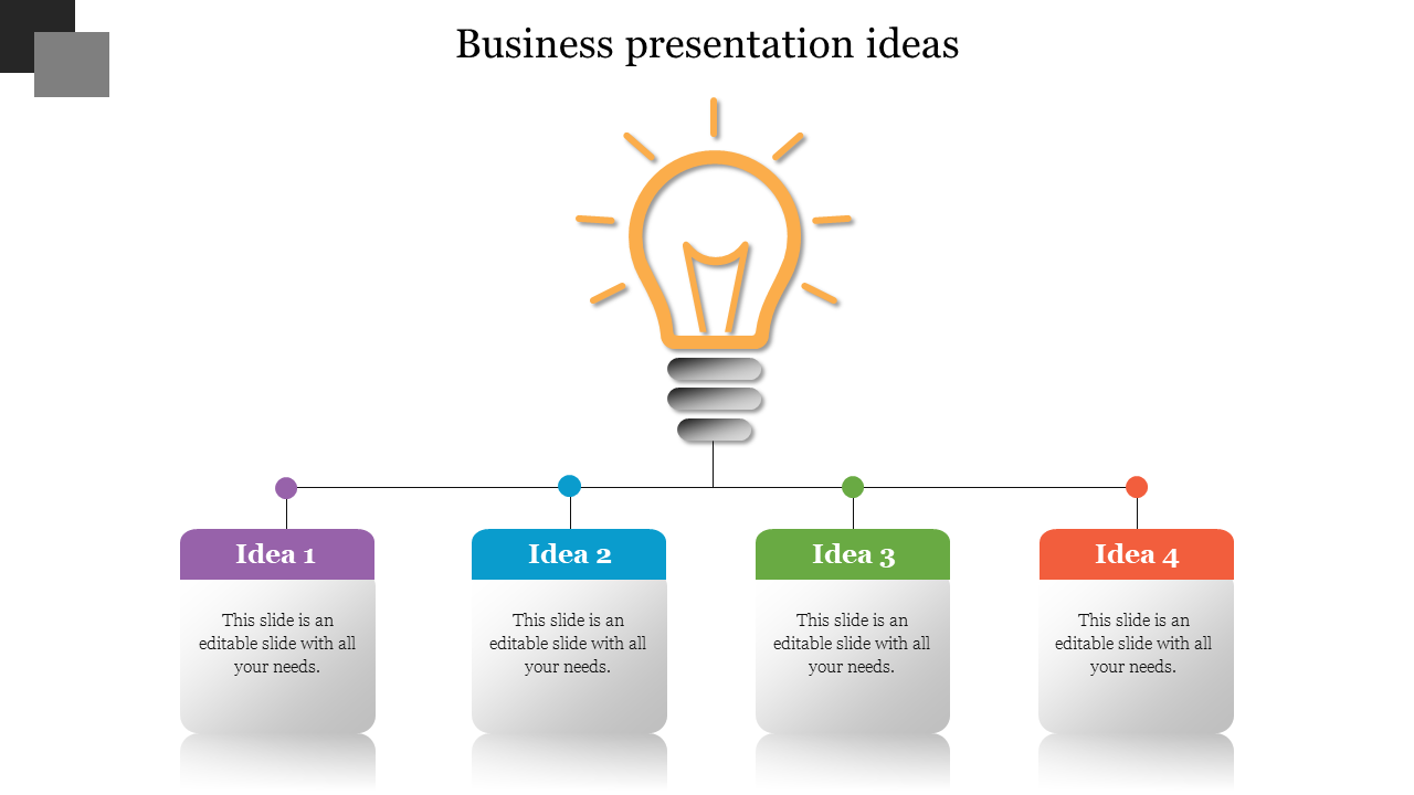 Yellow lightbulb icon at the top, connected to four colorful boxes in purple, blue, green, and orange for business concepts.