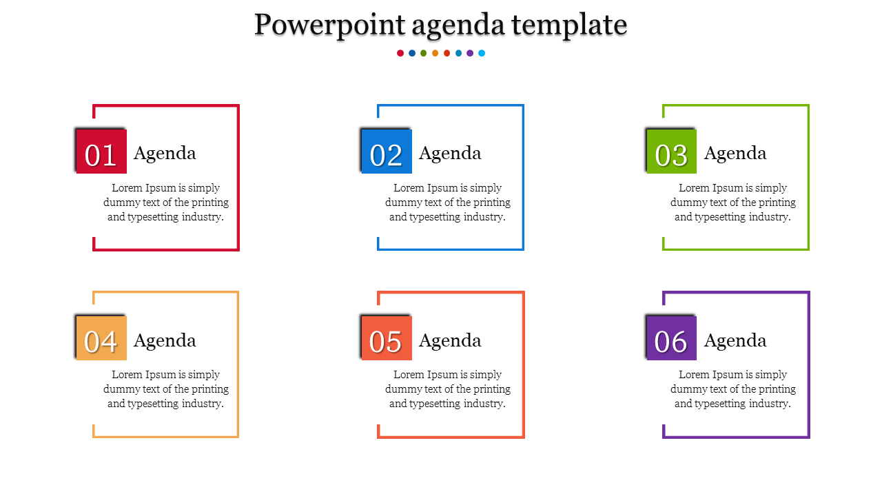 Color-coded agenda slide with six numbered sections to outline key discussion points and text area.