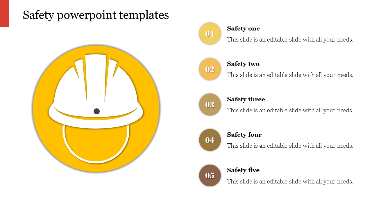 Slide with a hard hat icon on the left and five numbered safety points on the right, labeled with five caption areas.