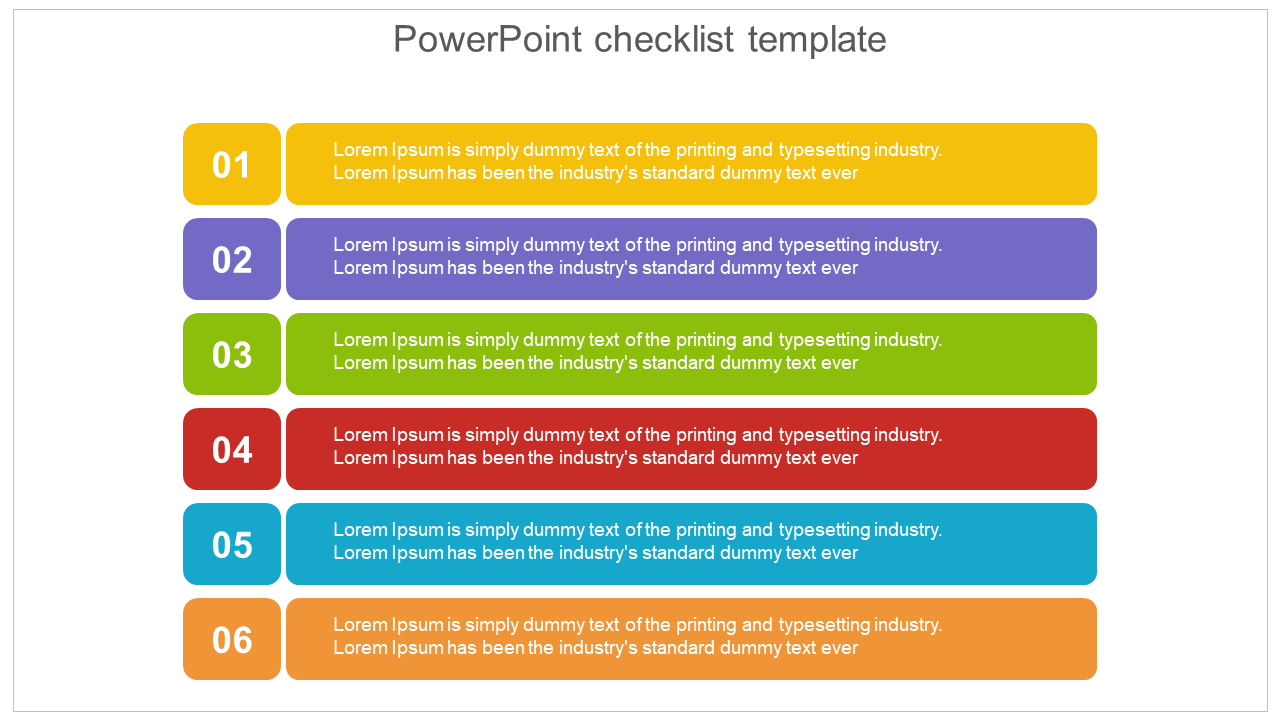 Colorful checklist with six numbered sections in yellow, purple, green, red, blue, and orange, arranged vertically.