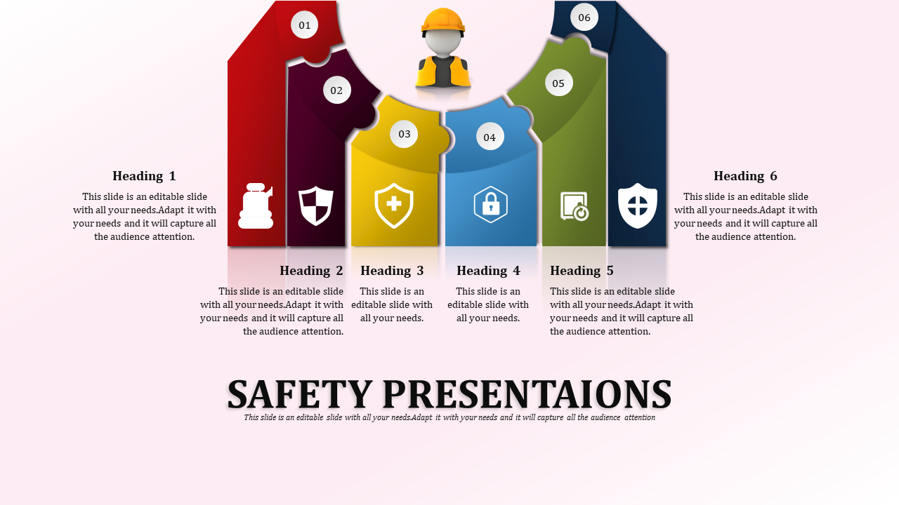 Color-coded safety slide with headings and icons related to health, security, and safety measures with text area.