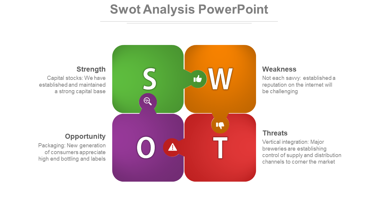 SWOT chart featuring green, orange, purple, and red puzzle blocks labeled S, W, O, and T with caption areas and icons.