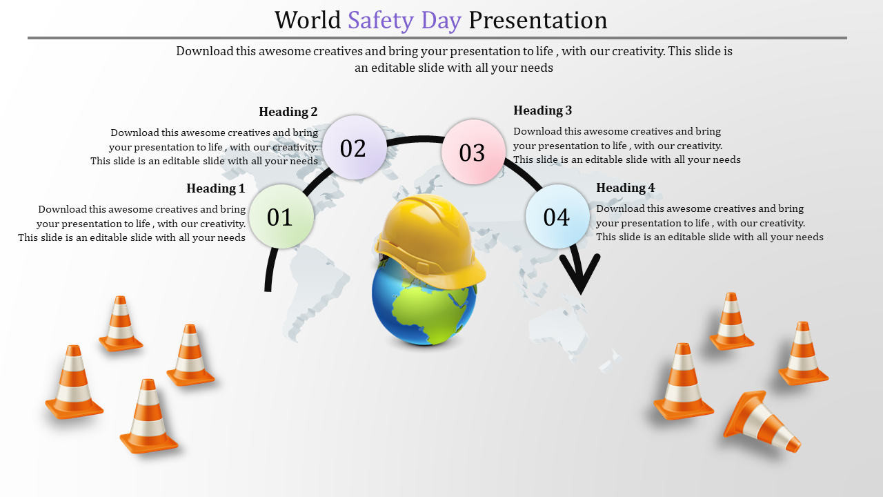 Slide featuring a globe with a safety helmet and construction cones with four headings and placeholder text.