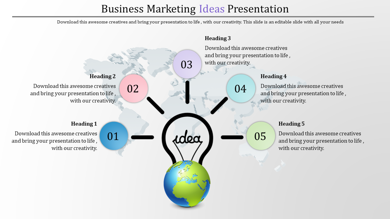 Business marketing slide showing a central light bulb graphic, a globe at the base, and five color-coded circular headings.