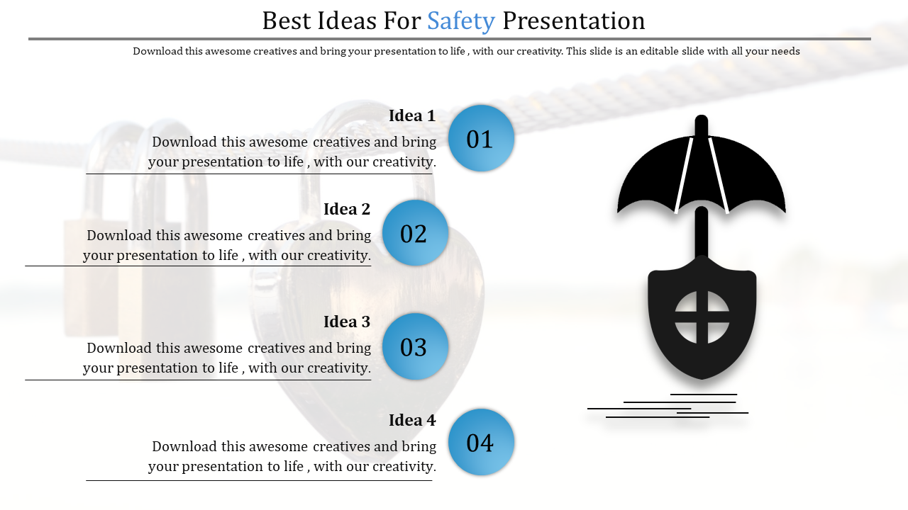 PowerPoint slide featuring safety themed icons with creative ideas for a presentation.