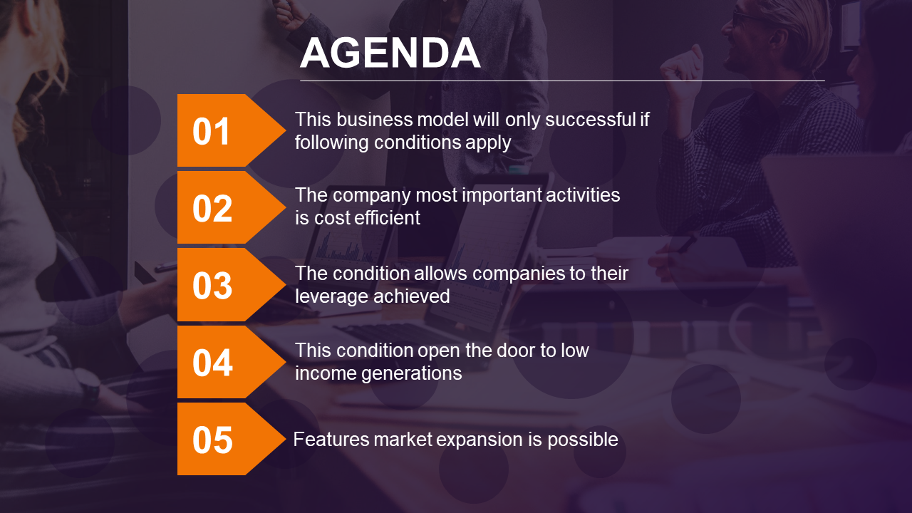 Agenda slide with orange arrow shapes numbered 01 to 05, overlayed on a purple tinted background of a business meeting.