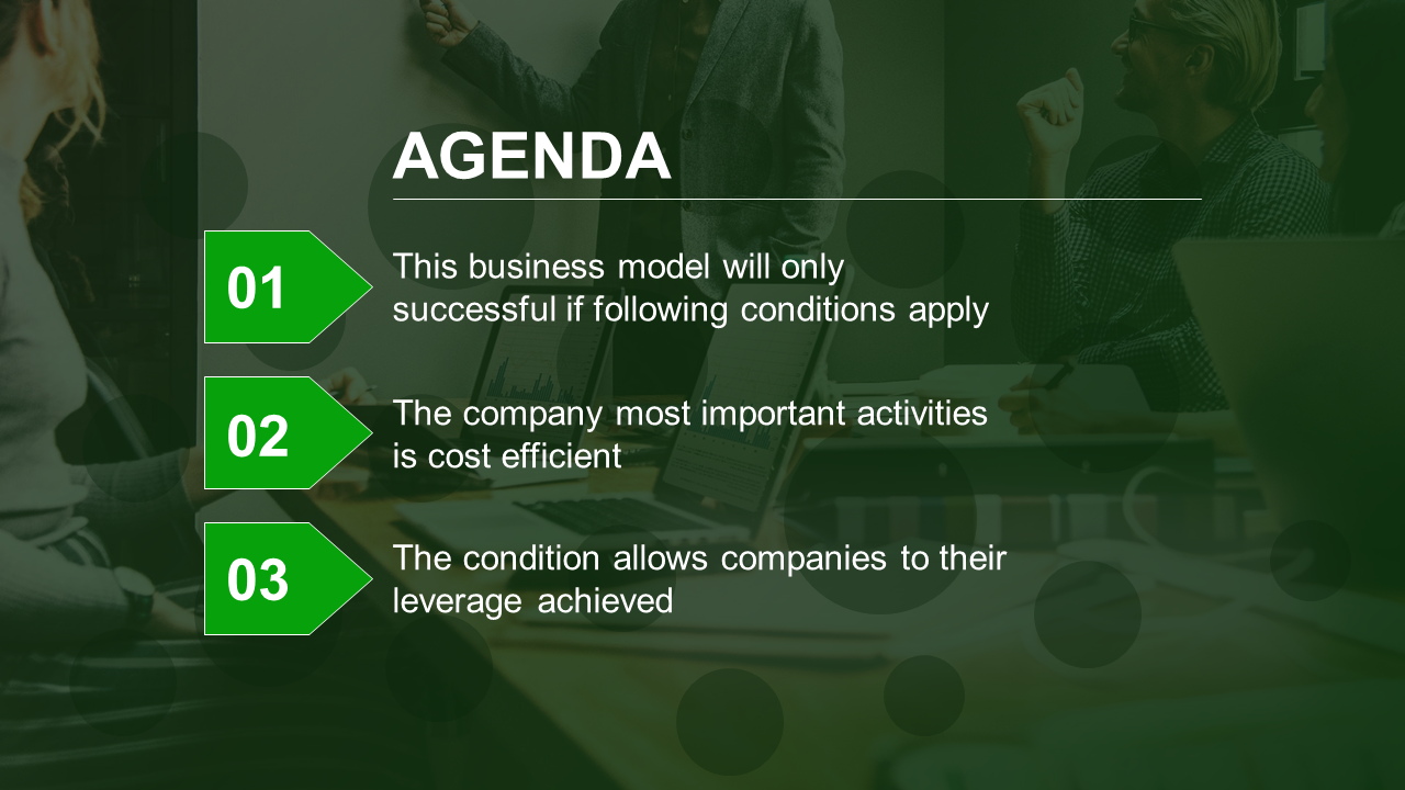 Green themed agenda slide with three numbered arrow shaped boxes, each aligned with corresponding text on the right.