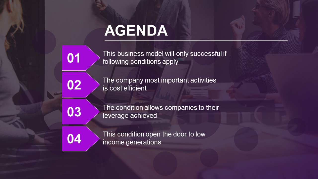 Agenda template with numbered purple arrows and text, set against a blurred meeting scene in pink gradient tones.