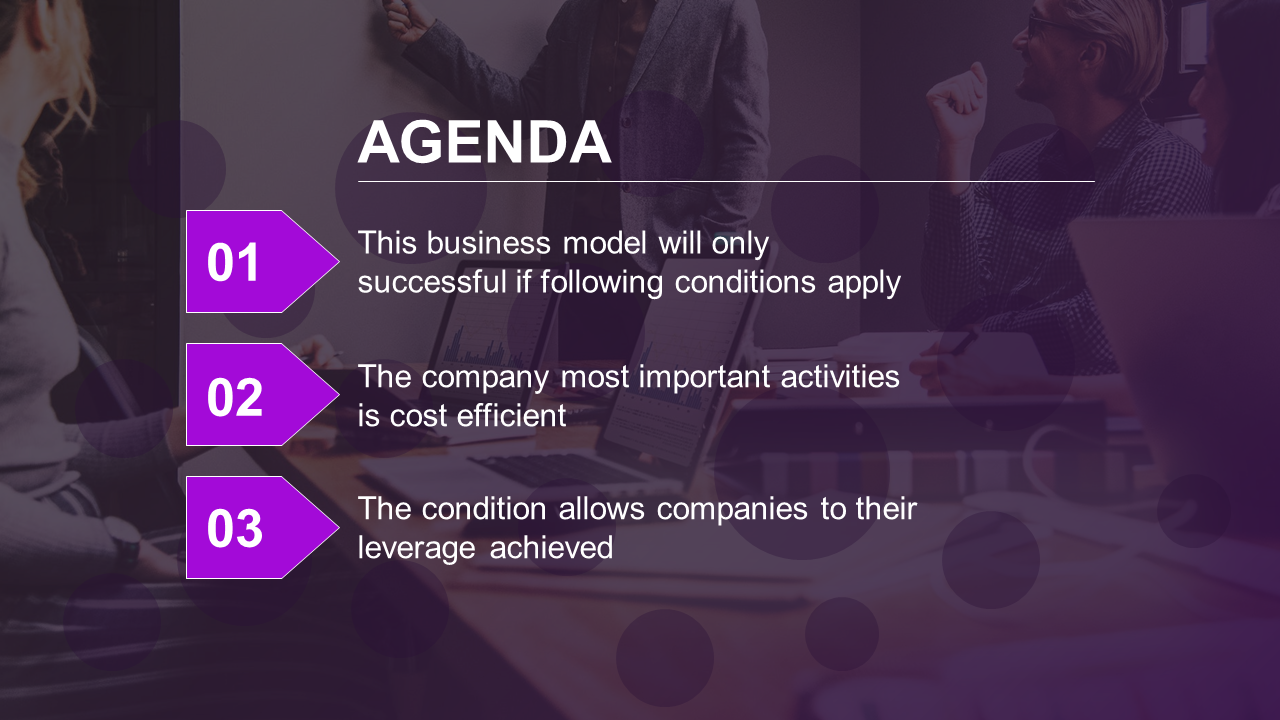 Agenda slide featuring a purple design with three numbered points set against a purple blurred background.