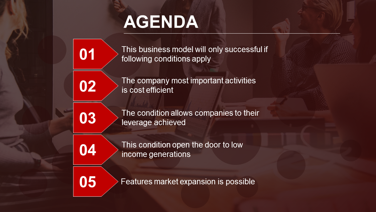 Modern agenda slide showcasing five actionable points in a red arrow design, set against a collaborative office setting.