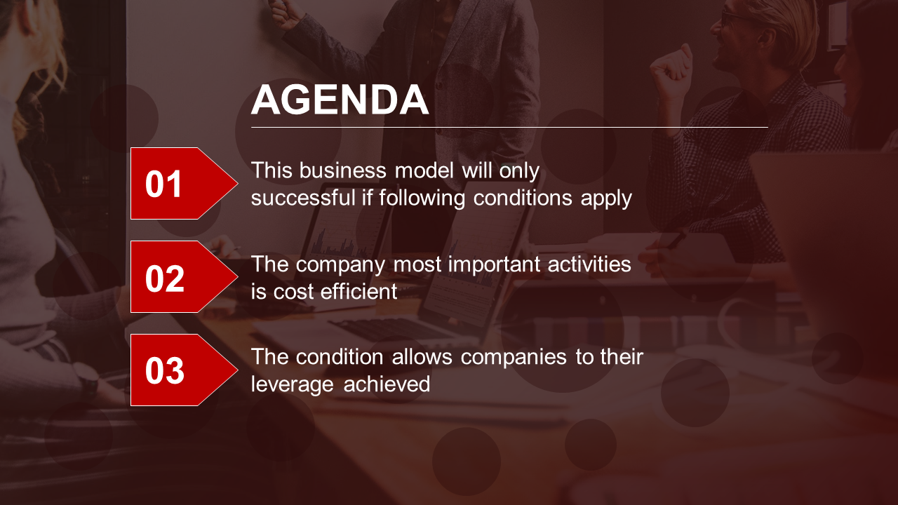 Business agenda slide showing three red numbers on arrows, overlaying on a dark office meeting scene.