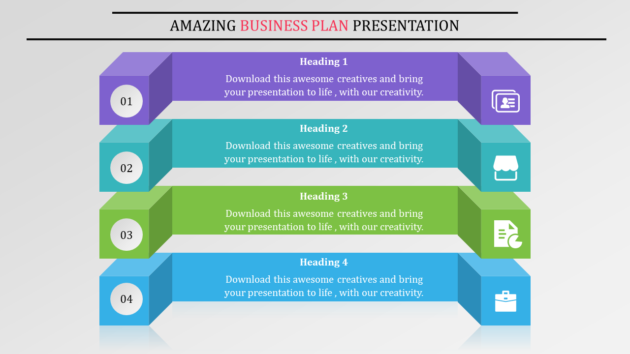 Business plan slide with four horizontal 3D blocks,  displaying icons for documents, stores, graphs, and briefcases.