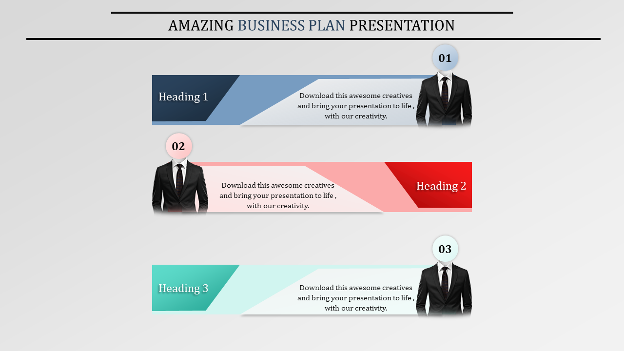 PowerPoint slide for a business plan with three sections, each featuring headings and creative design elements.