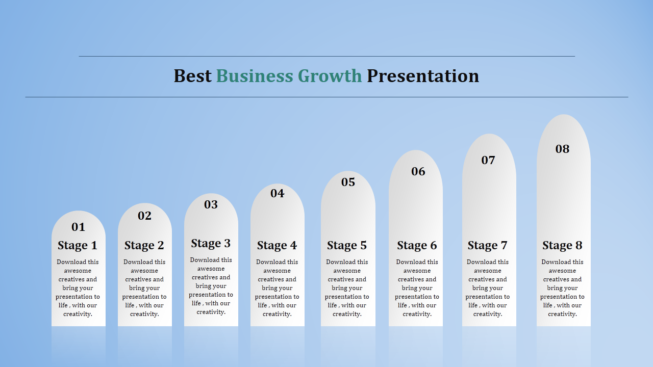 Progressive business growth stages represented by increasing white columns, labeled Stage 1 to Stage 8.