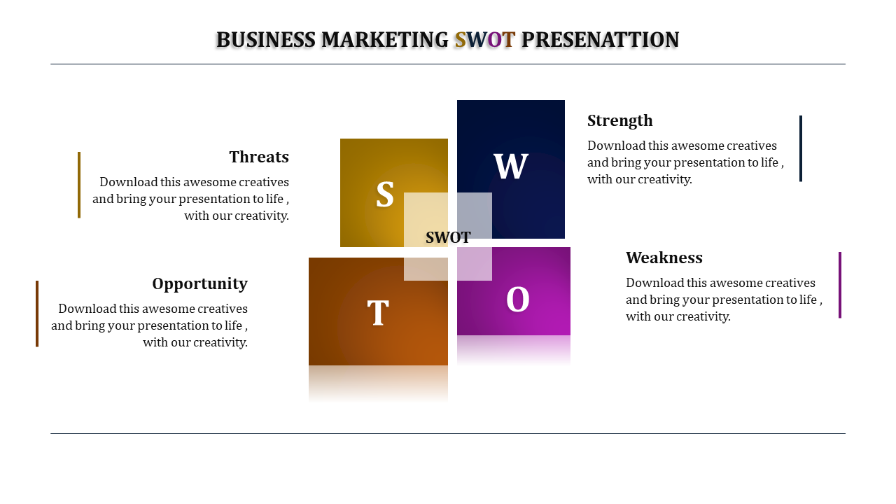 Business SWOT analysis slide with four colored blocks representing Strength, Weakness, Opportunity, and Threats.