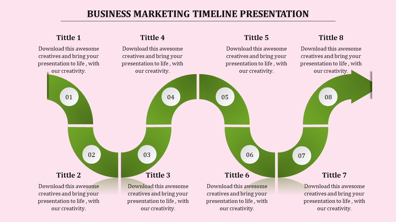 Business timeline infographic featuring a winding green path with circular steps 1 to 8 place din a pink background.