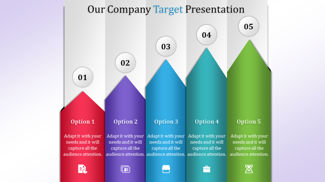 A professional PowerPoint presentation slide with five colorful numbered options and corresponding icons.