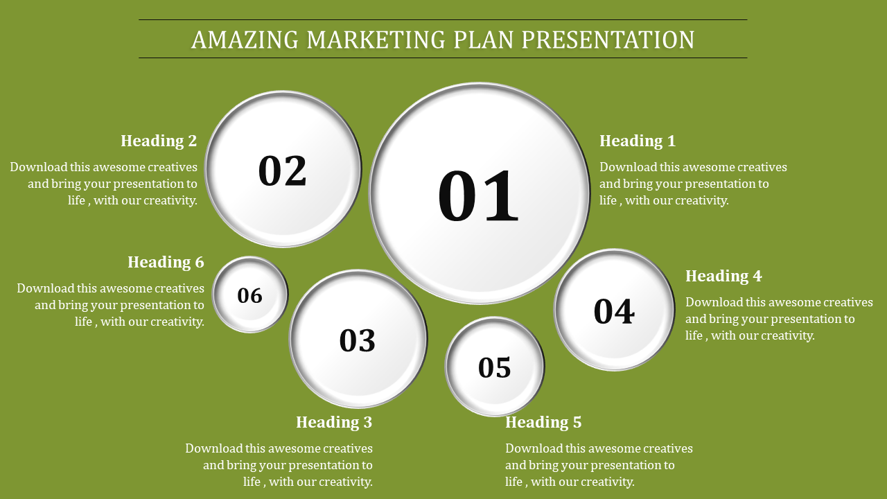 Marketing plan showing six stages numbered 01 to 06, with a prominent center sphere and supporting captions.