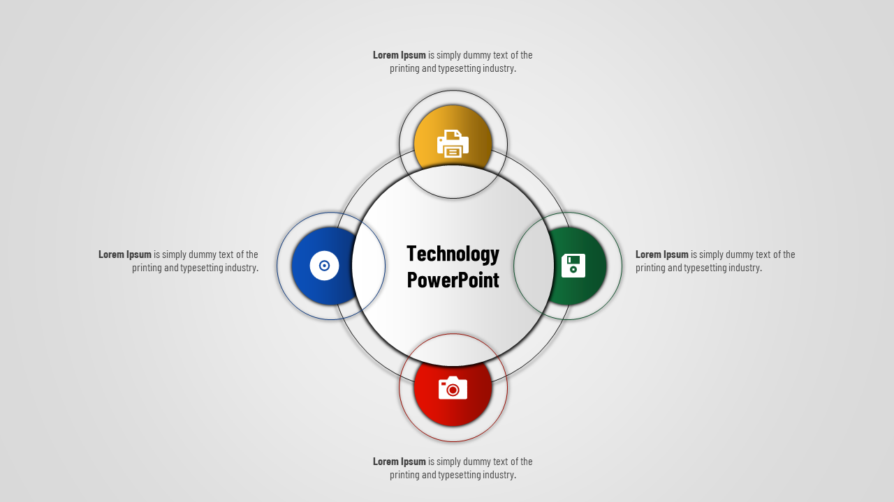 Slide with four interconnected circles representing technology, featuring icons for disk, printer, camera, and data storage.