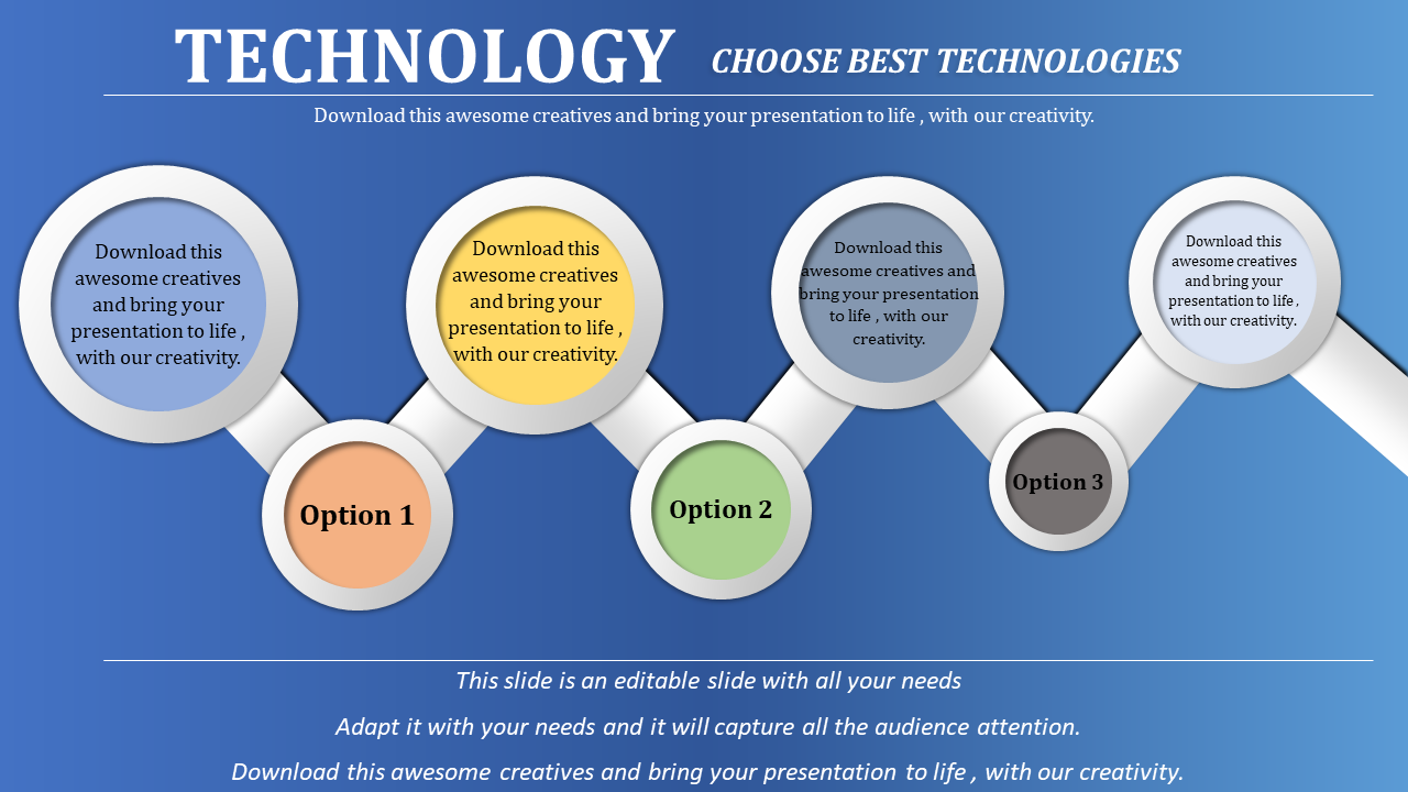 Slide featuring connected circular shapes with text inside, showcasing technology options on a gradient blue backdrop.