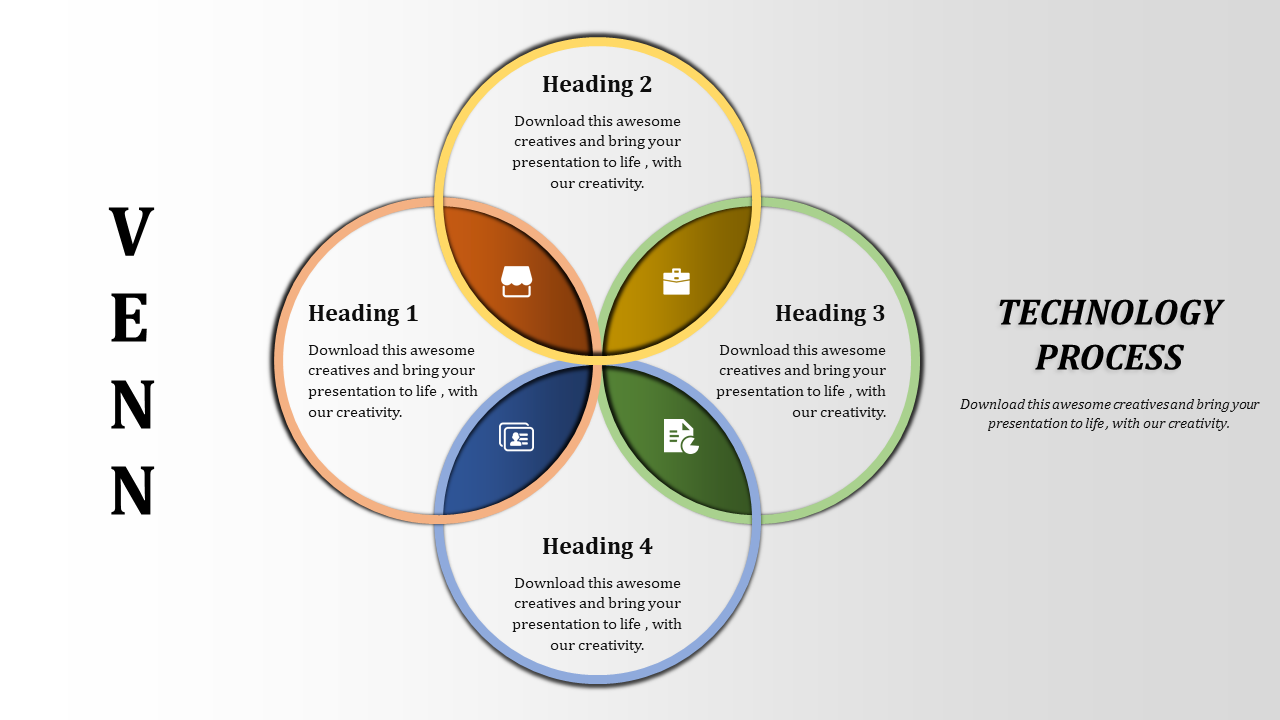 Venn diagram with four colored overlapping circles, each containing an icon and heading in a grey background.