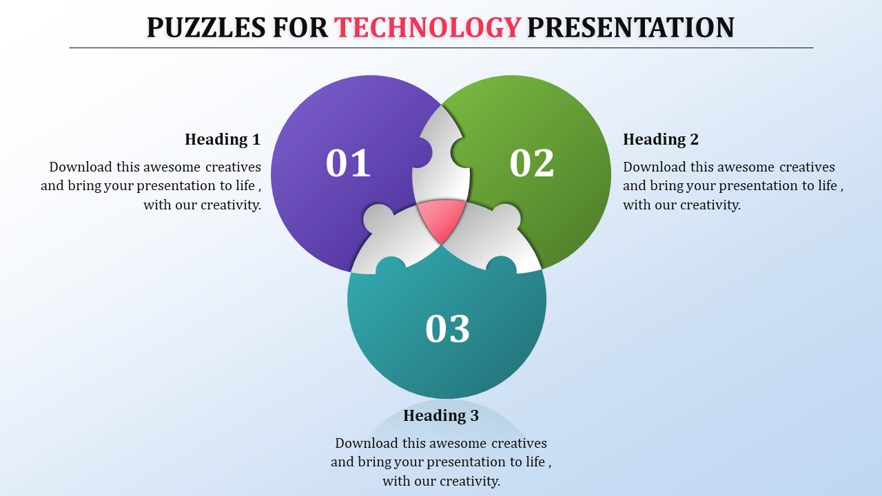 Technology-themed puzzle diagram in three colors, showcasing numbered sections and caption areas.