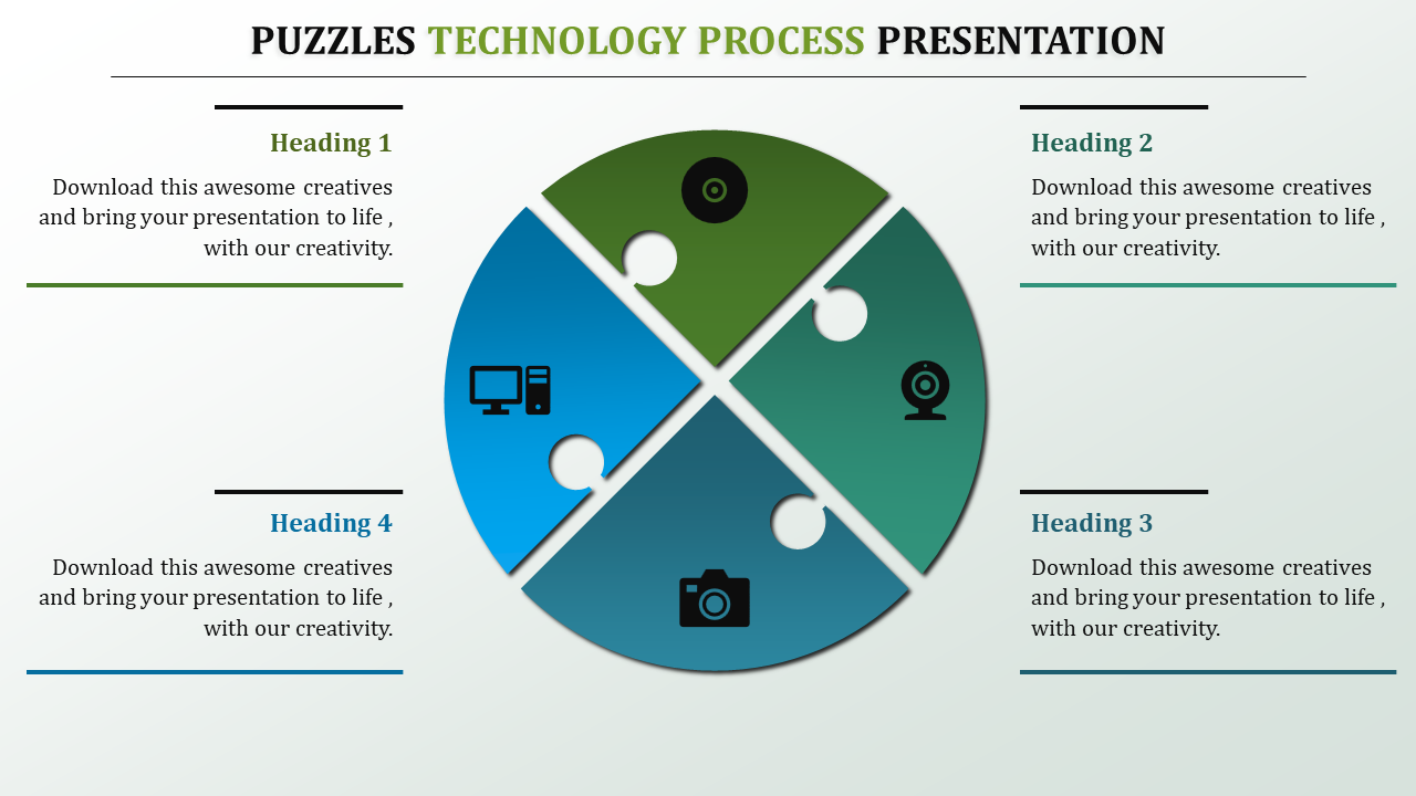 Slide featuring a circular puzzle design with icons representing technology, including a computer, camera, and webcam.