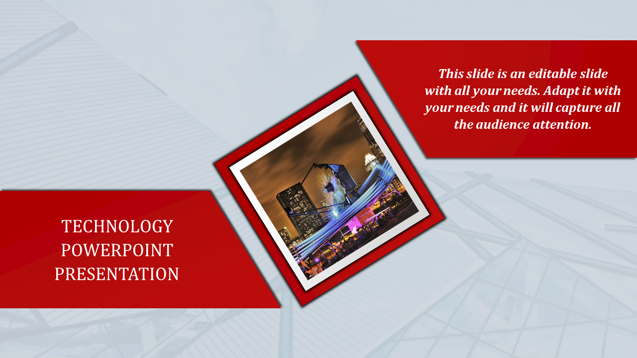 Technology slide design with a dynamic cityscape photo at night, surrounded by red frames and text boxes.