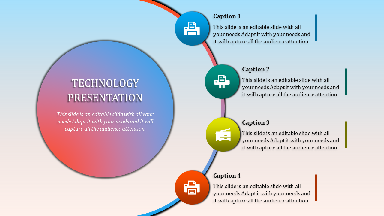 Pink gradient circular technology design with captions in blue, green, yellow, and orange sections along a curved line.