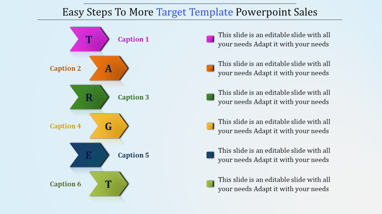 Six arrows in pink, orange, green, yellow, blue, and teal form the word target with corresponding captions on the right.